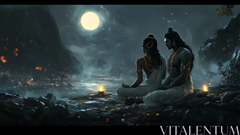 Moonlit river meditation scene rendered as digital painting