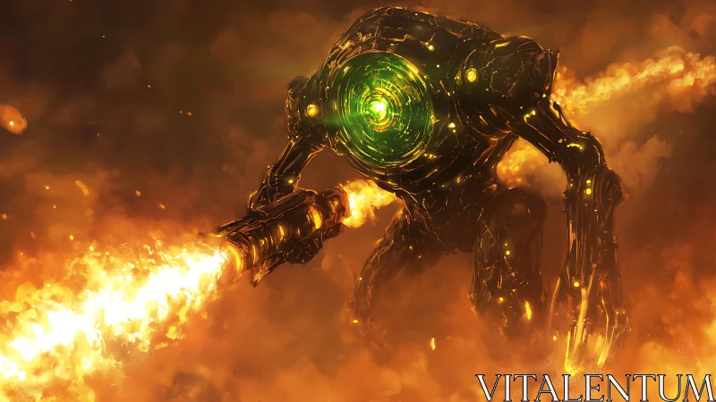 Flaming war mech with radiant green core storms battlefield.