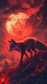 Dark fox walks across burning slope under red full moon.