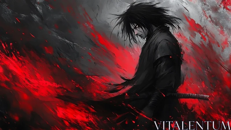 Solitary swordsman amid red and black abstract motion.