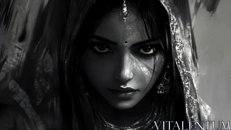 Monochrome portrait of veiled woman with direct gaze.