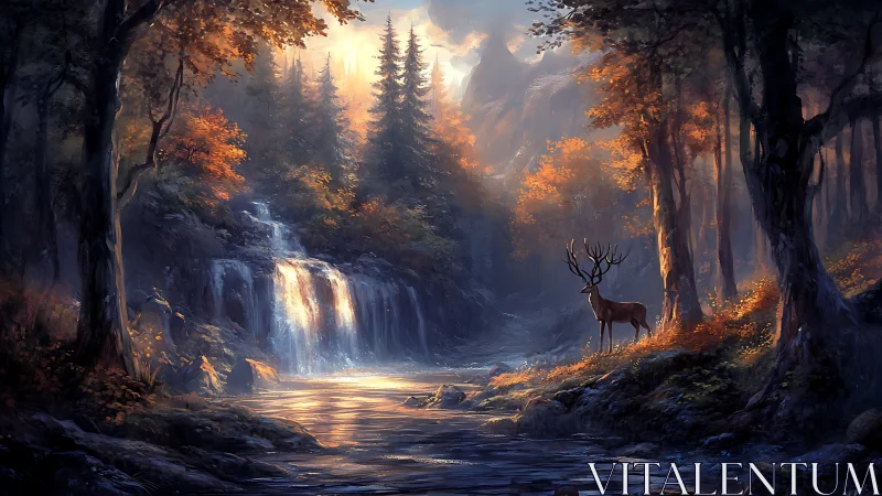 Majestic Deer Discovers a Waterfall in Golden Autumn Forest