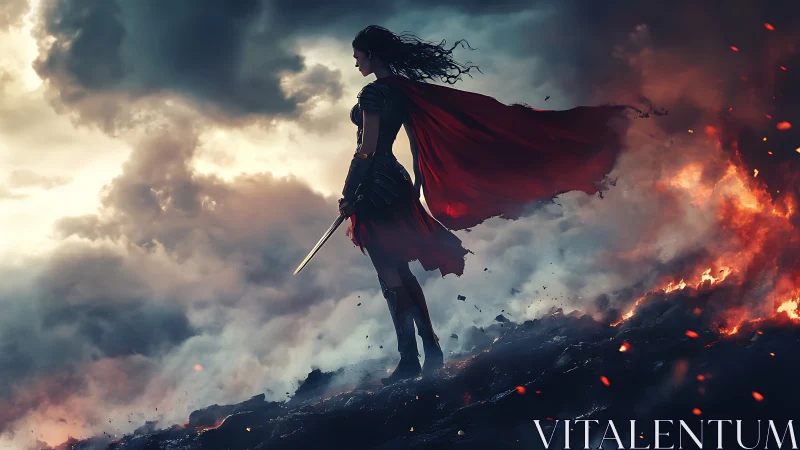 Warrior silhouette commands burning storm battlefield.