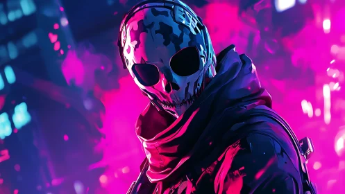 Masked figure in neon environment with high contrast lighting.