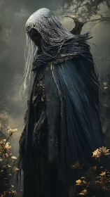 Shrouded reaper stands in a misty forest of fading gold