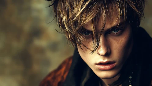 Storm-eyed rebel in cinematic close-up glare of defiance.