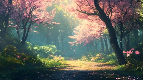 Enchanted Forest Path: Cherry Blossoms Cascade Through Golden Light