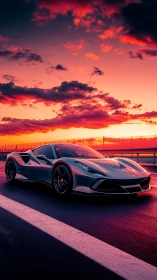 Supercar cuts racing line beneath neon sunset sky.