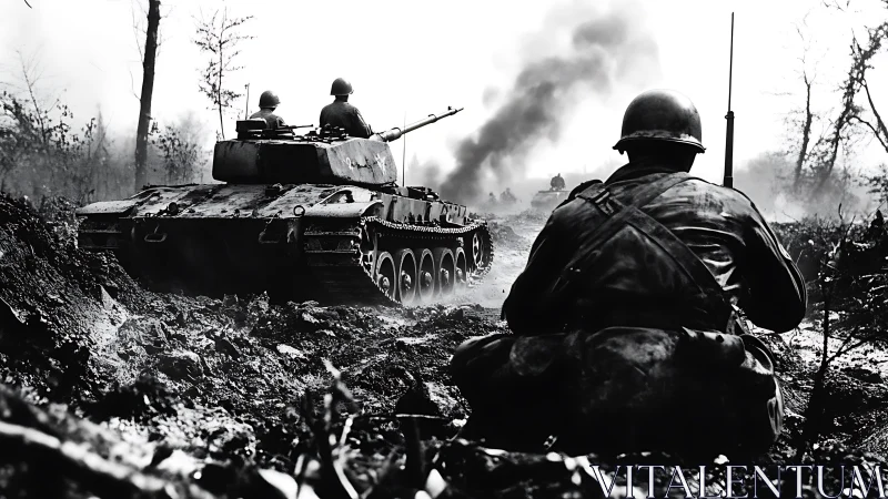 Monochrome battlefield composition isolates tank and infantry