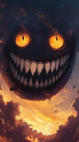 Smiling storm demon carved into a burning twilight sky.