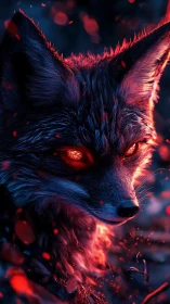 Infernal fox portrait under glowing embers at night.