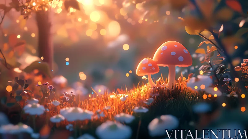 Enchanted forest mushrooms under warm glowing bokeh light.