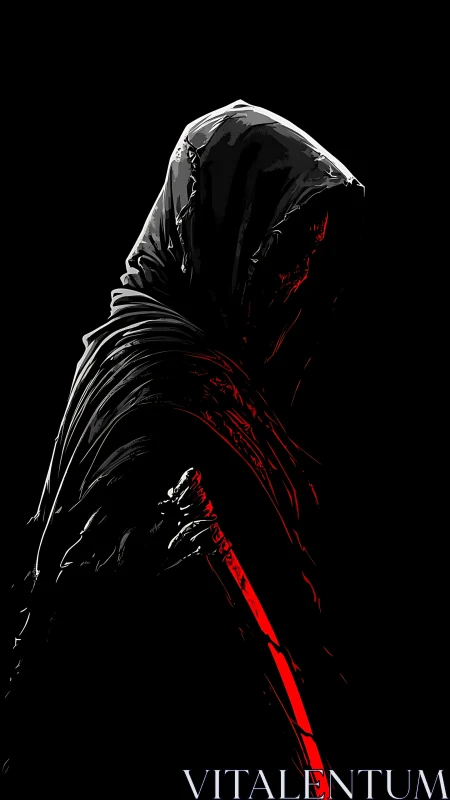 Hooded dark swordsman in high-contrast red-black vector profile