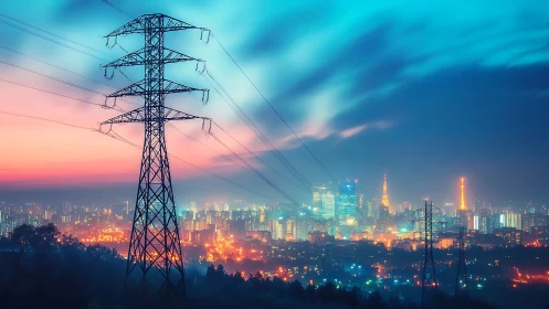 Power lines silhouette against neon city lights at twilight