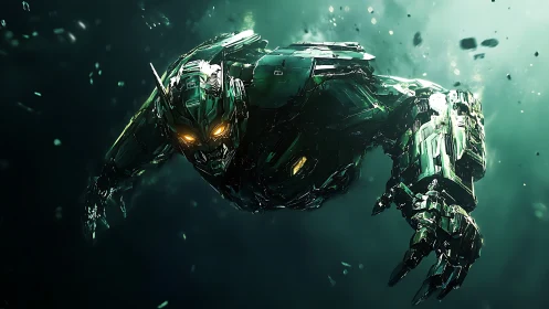 Armored green mech with glowing eyes in deep space.