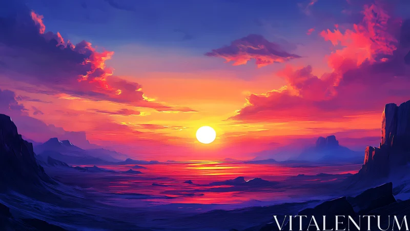 Radiant alien sunset spreads vivid light across still sea.