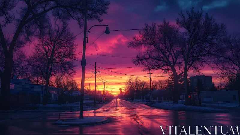 Empty winter street under vivid purple orange sunset sky