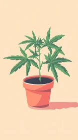 Potted cannabis plant stands centered on flat pastel ground