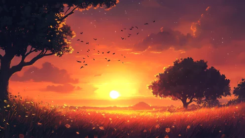 Sunset sets the meadow ablaze while silhouettes quietly listen