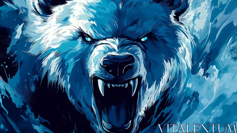 Snarling ice bear rendered in dynamic blue digital brushwork