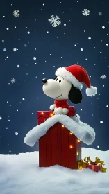 Snowy rooftop pup in a cozy Christmas night scene.