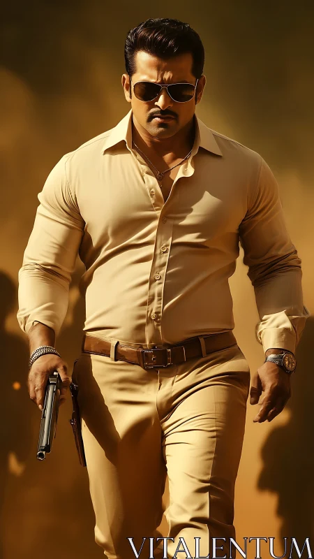 Sunglassed enforcer strides through golden duststorm swagger.