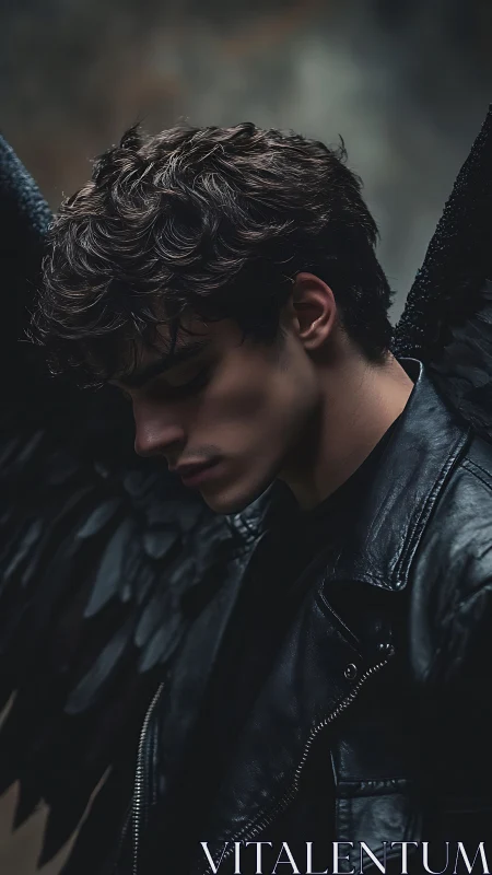 Shadowed angel boy pauses in quiet reflection beneath dark wings