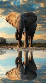 Majestic savanna elephant meeting its mirrored twilight twin.