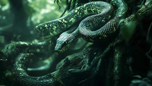 Emerald jungle serpent coiled in mossy twilight watchfulness.