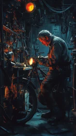 Midnight mechanic tuning a glowing workshop motorcycle.