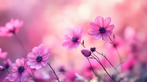 Pink Cosmos Blooms with Selective Focus Depth of Field.