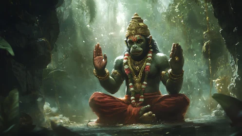 Jungle sage monkey deity in radiant meditative stillness.
