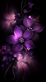 Purple Flowers Bloom Against Black Background With Glowing Effects
