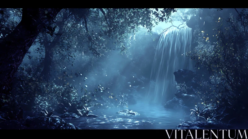 Moonlit forest waterfall casts ethereal light over pool