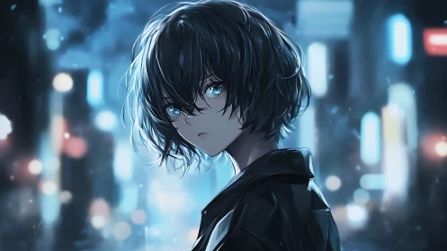 Moody blue eyed teen in neon drenched nocturnal cityscape.