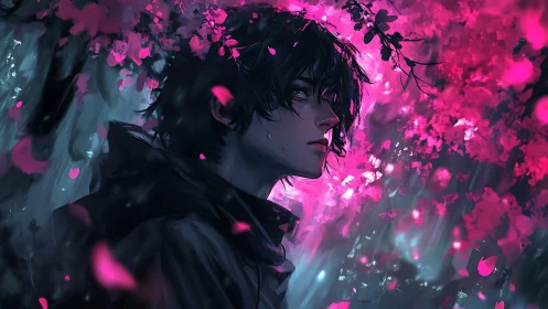 Stormlit petals orbit a brooding boy in neon twilight