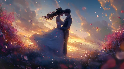 Lovers Embracing in Golden Sunset Light.