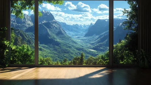 Mountain valley panorama fills serene modern window view.