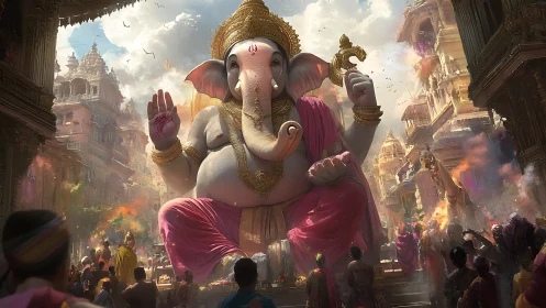 Majestic Ganesha deity towers above vibrant temple city.