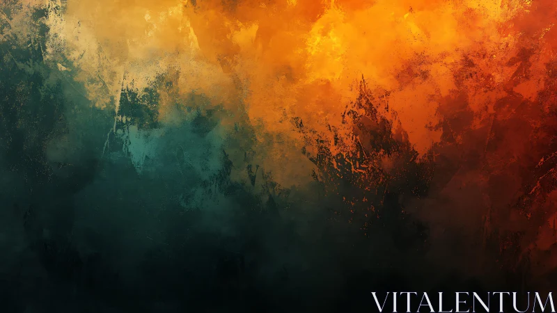 Abstract fiery and dark textured painting with dramatic contrast.