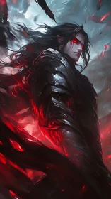 Dark warlock in jagged armor wreathed in crimson energy.