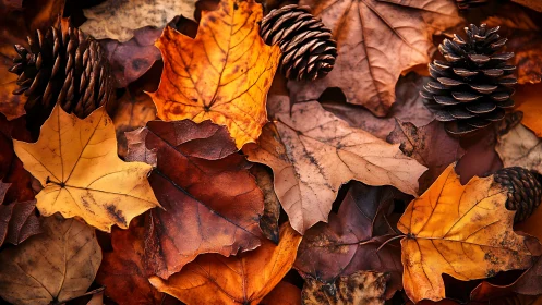 Dry autumn leaves and pine cones in warm seasonal pattern.