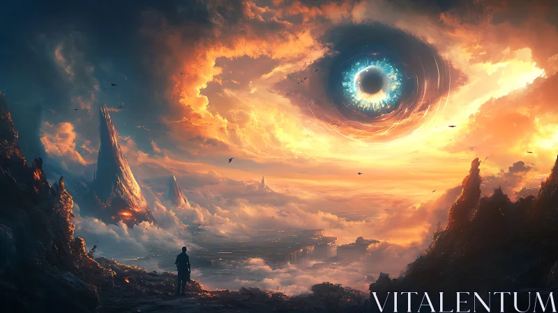 Cosmic eye over volcanic vistas in cinematic digital fantasy.