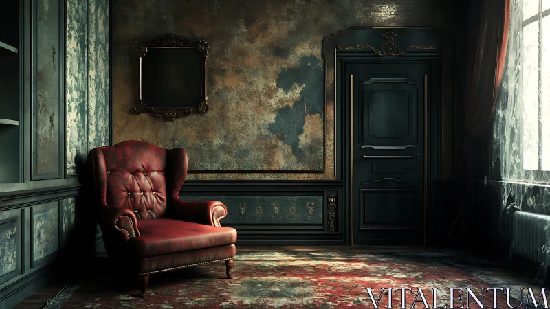 Velvet armchair keeps quiet watch in a fading grand room