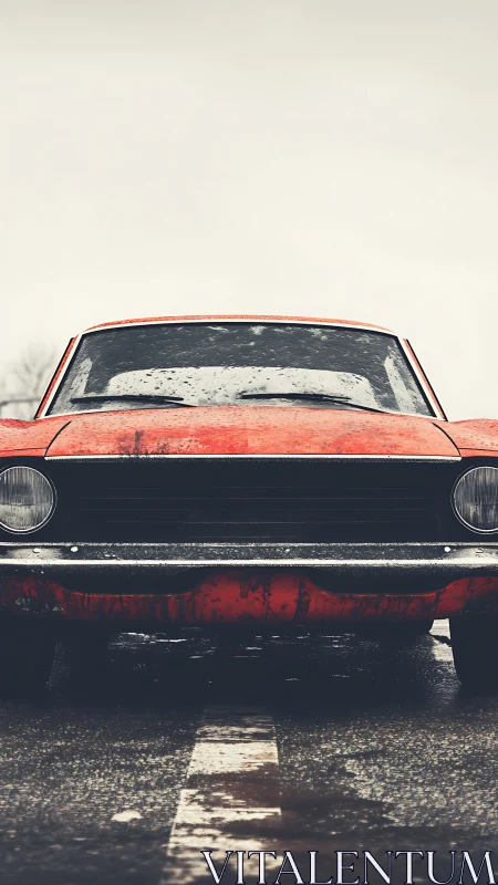 Front view of weathered red car on wet roadway surface.