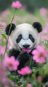 Baby panda licking pink flower in soft meadow bloom.