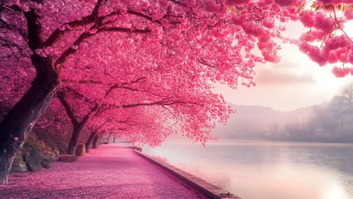 Riverside cherry blossoms under luminous pastel sunrise.