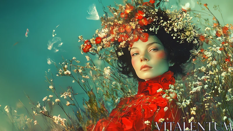 Woman with floral headdress poses amid wildflowers in teal haze