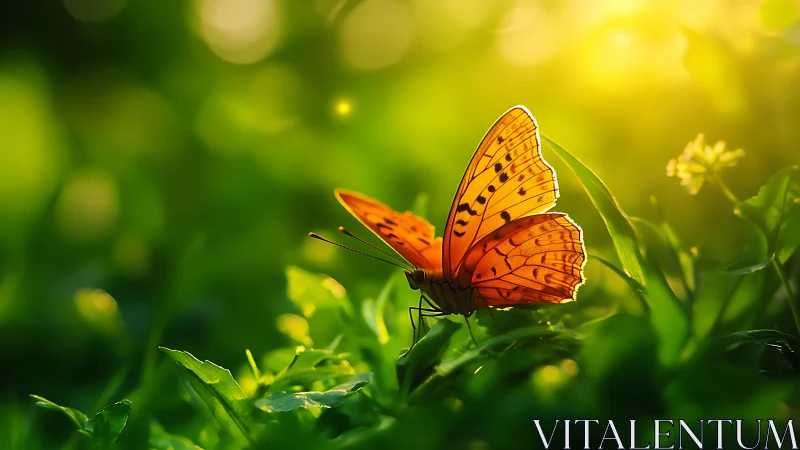 Sunlit orange butterfly rests on dewy foliage in shallow focus