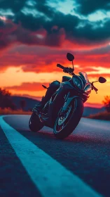 Midnight sportbike prowling a neon-soaked sunset highway.